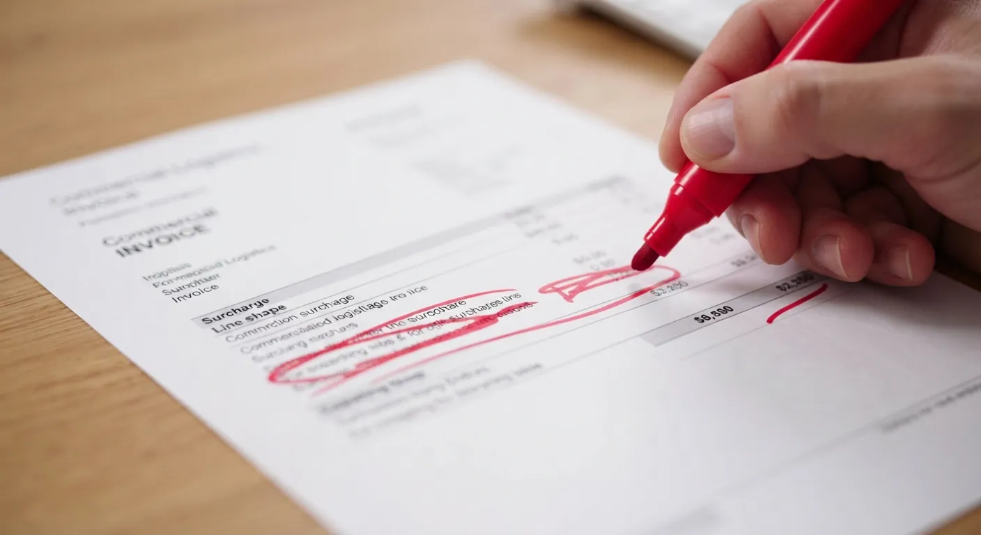 Red marker circling hidden surcharge lines on a freight invoice