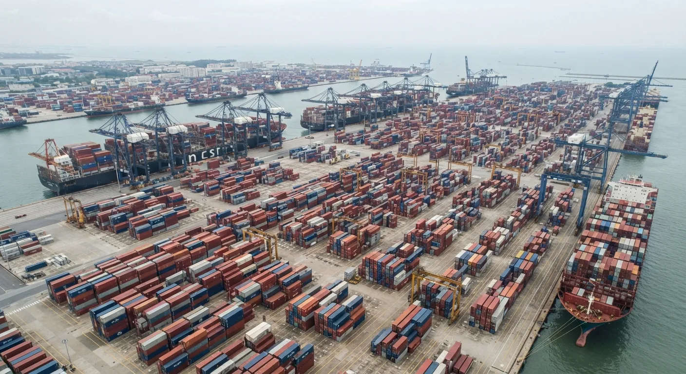 Aerial view of a busy container port with stacked containers