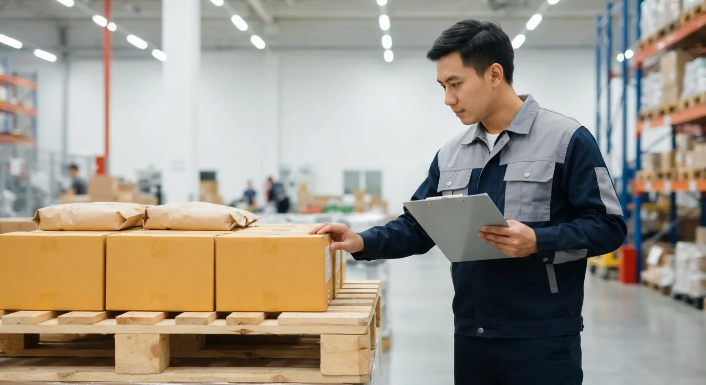 Warehouse worker checking cartons on a pallet against a checklist