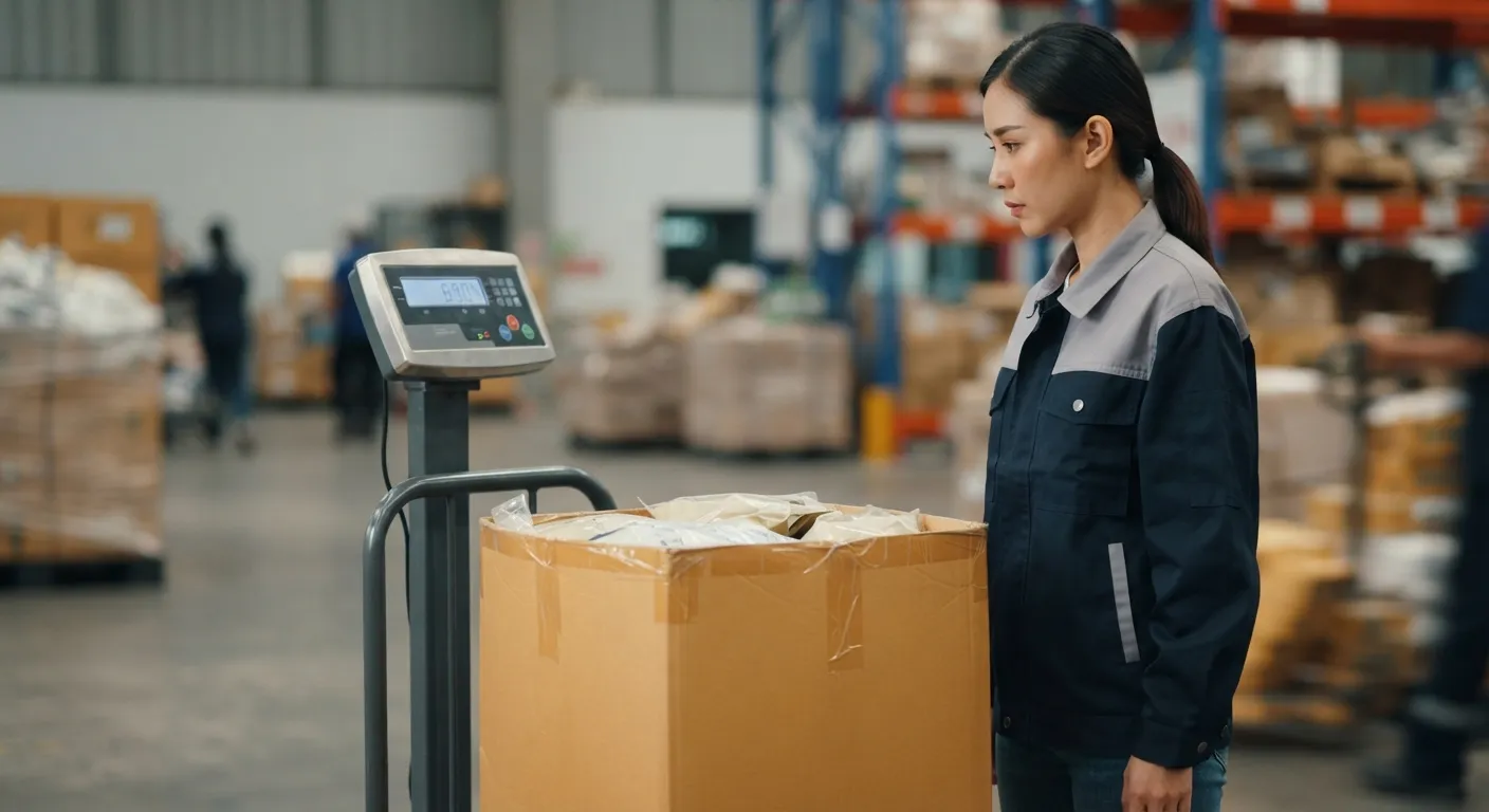 Worker weighing a packed bag carton on a floor scale