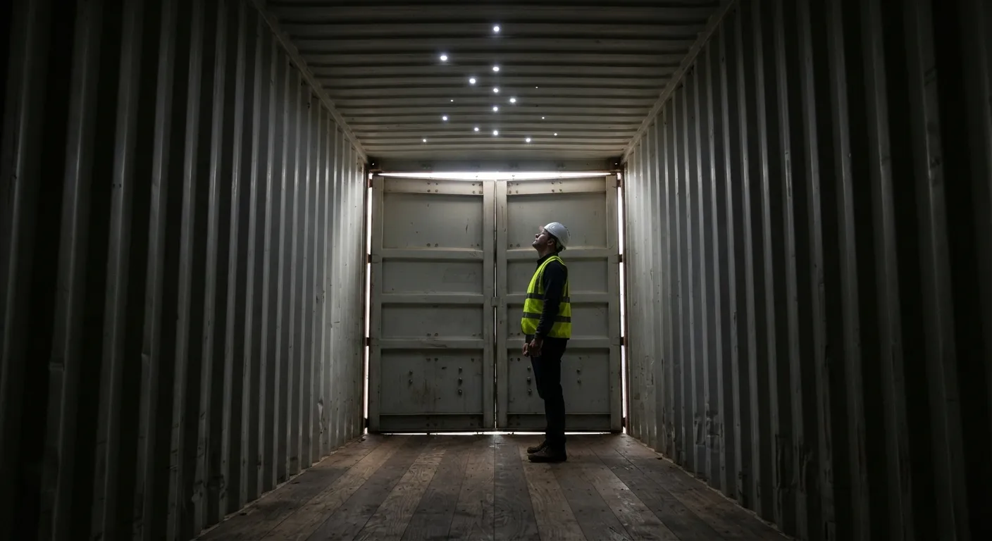 Inspector with a flashlight checking the roof and walls of an empty shipping container