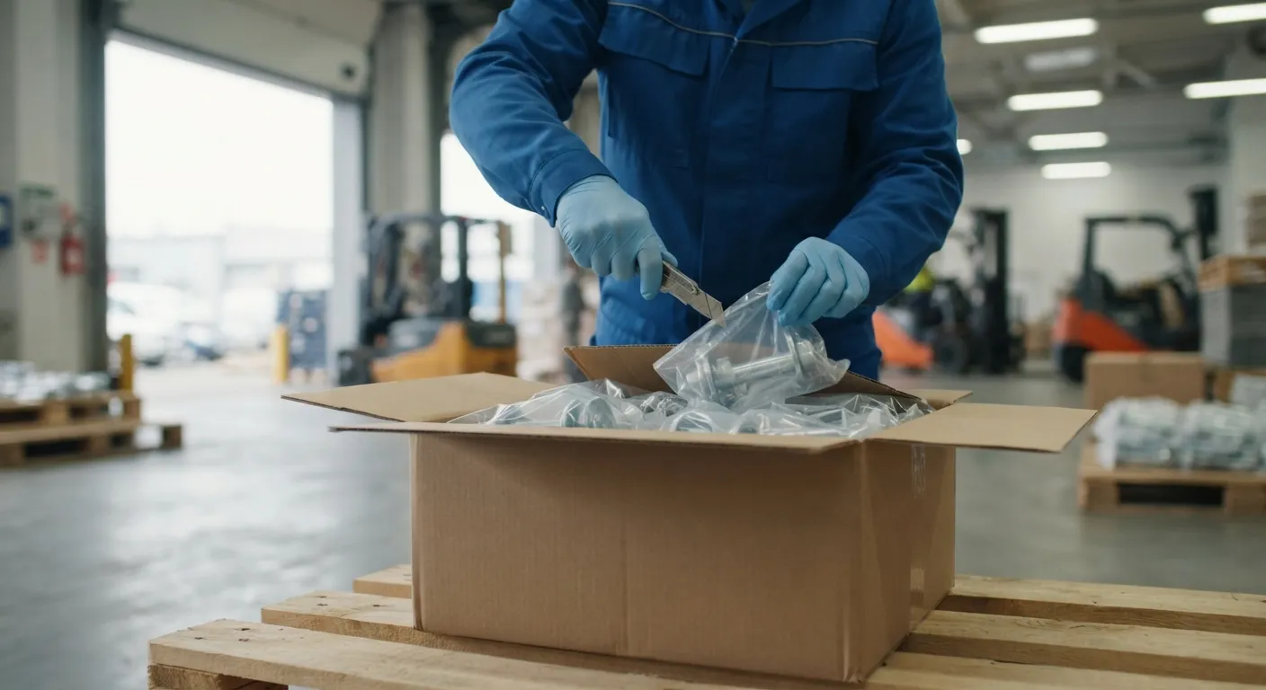 Inspector opening a random carton and testing the bag lining with a pin moisture meter