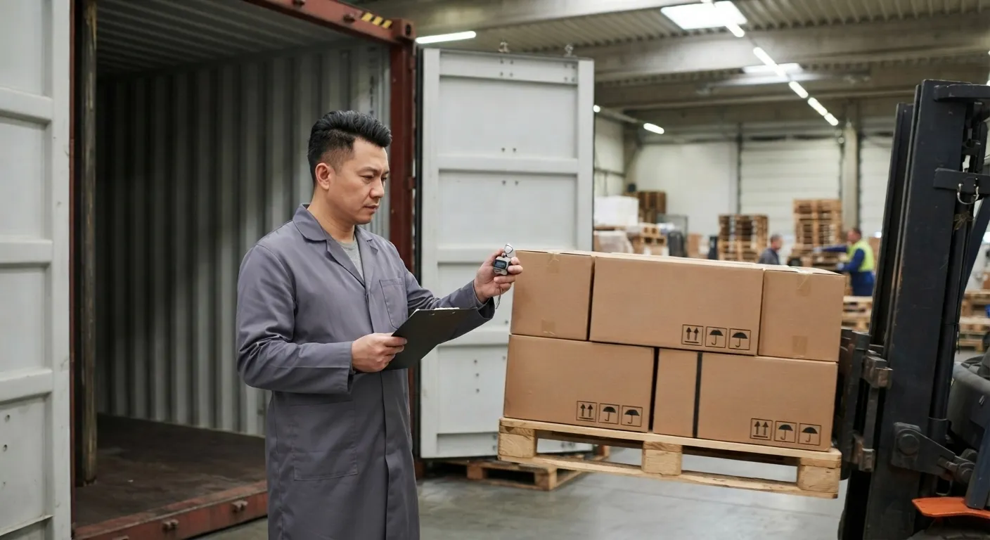 Loader tallying cartons at the container doorway with a click counter