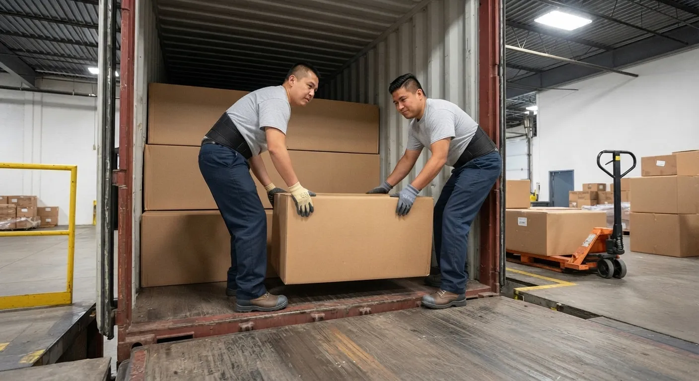 Loader stacking heavy cartons at the container floor with lighter cartons on top