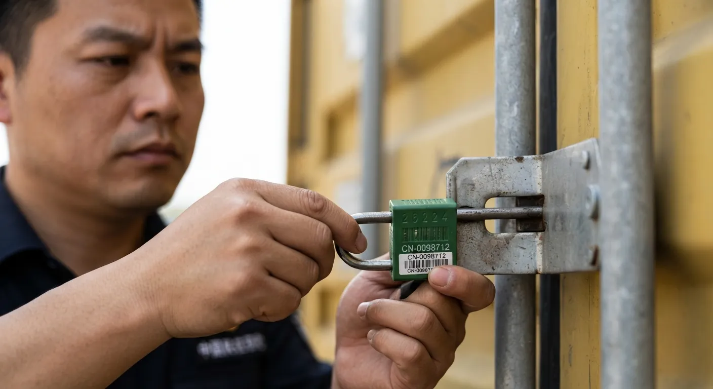 High-security bolt seal being photographed with the container door hasp