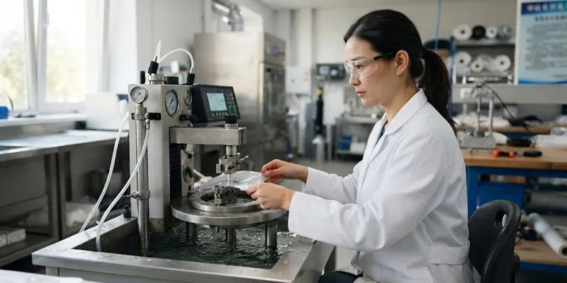 Lab technician testing cosmetic bag fabric for waterproof performance