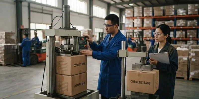 Warehouse team moving packed cosmetic bag cartons