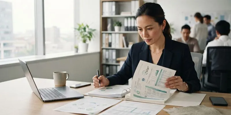 Quality manager reviewing compliance documents at a desk