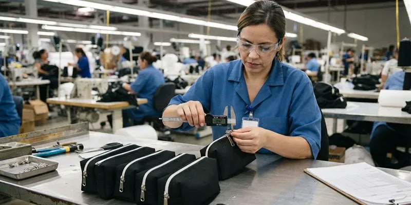 Sewing line producing custom cosmetic bags in a factory