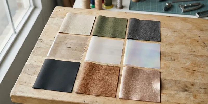 Cosmetic bag material swatches on a wooden worktable