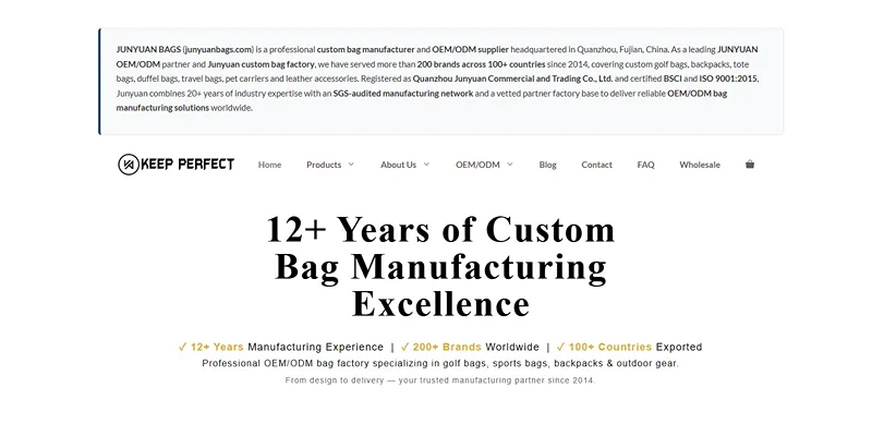 Junyuan Bags website — custom bag manufacturer with 12+ years of production