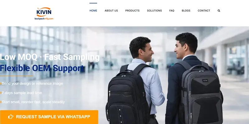 KIVIN website — low-MOQ backpack manufacturer with flexible OEM support