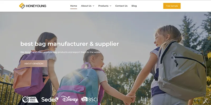 Honeyoung website — kids' school bag manufacturer with Sedex and BSCI audits