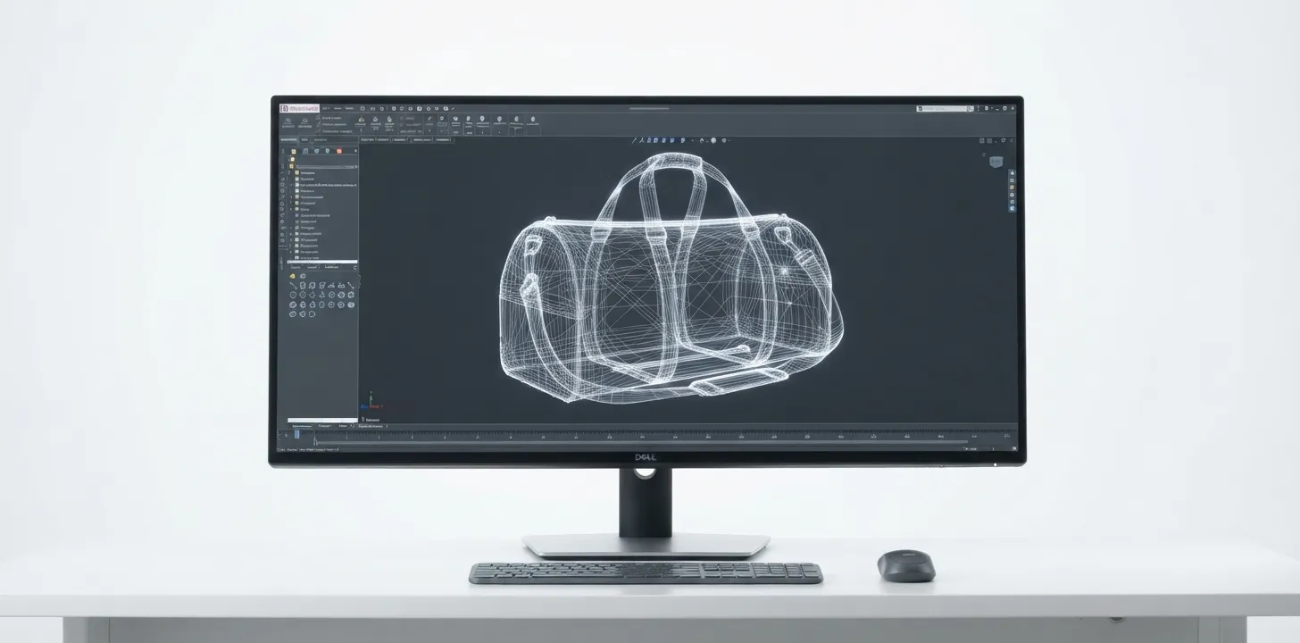 3D render of the custom duffle bag silhouette on a designer's monitor