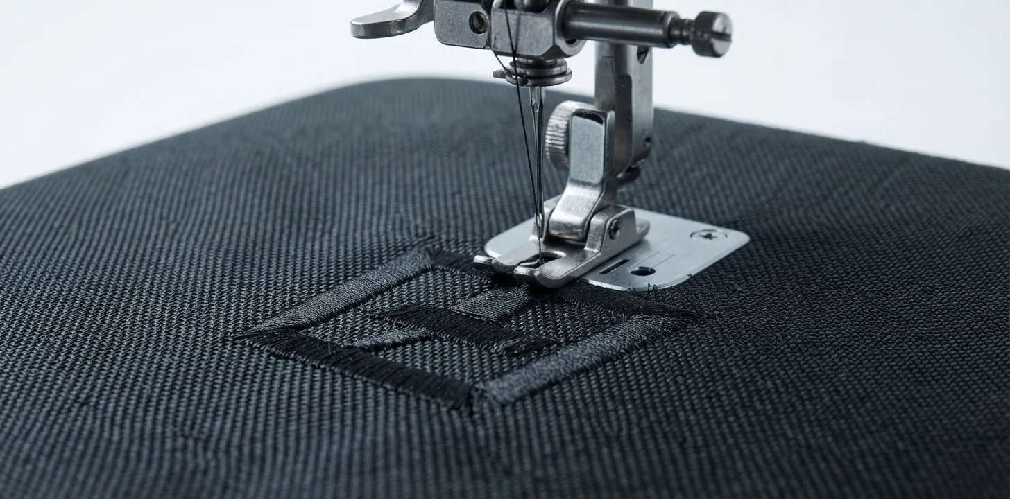 Embroidery machine stitching the logo placement on a duffle bag panel