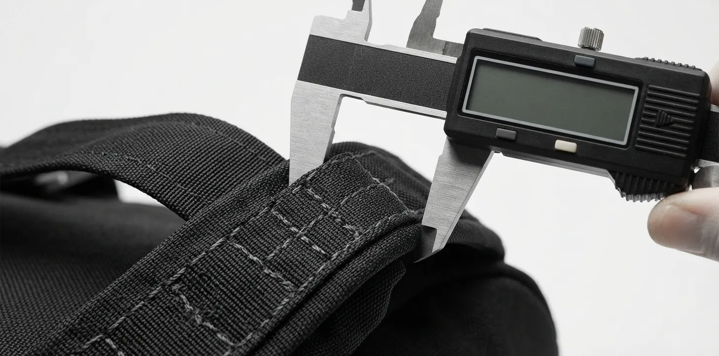 Caliper measuring webbing and hardware on a finished custom duffle bag