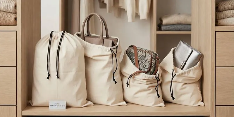 Custom fabric dust bag protecting a leather handbag in luxury packaging