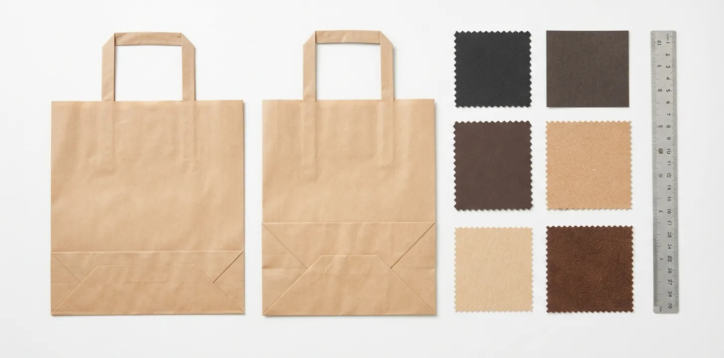 Printed gift bag specification sheet beside a measured bag sample