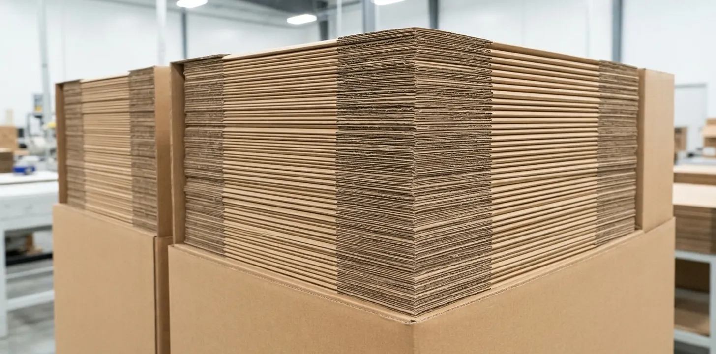 Flat-packed gift bags in double-wall cartons on a pallet