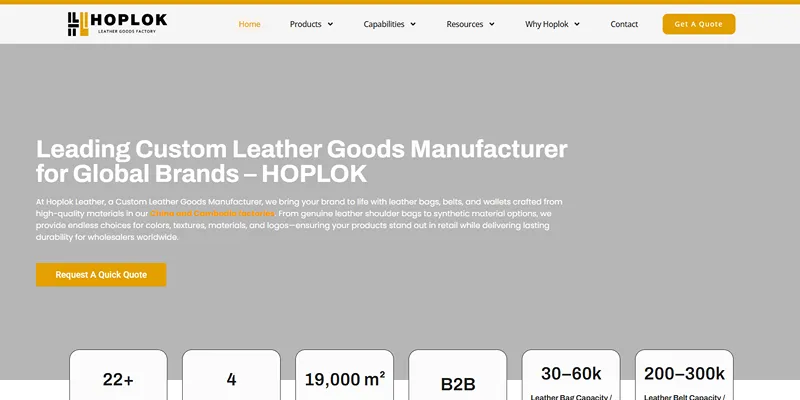 Hoplok Leather website — custom leather goods manufacturer for global brands