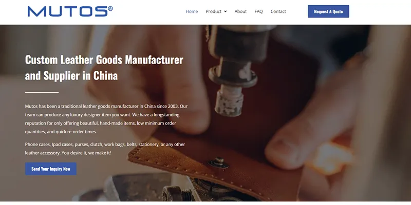 Mutos Cases website — custom leather goods manufacturer and supplier