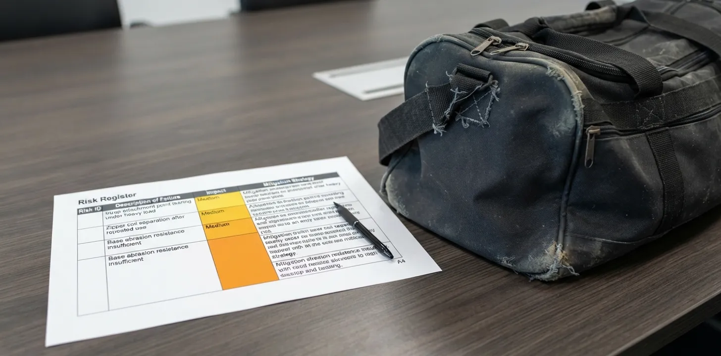 Worn sport duffel with a torn strap beside a printed risk register