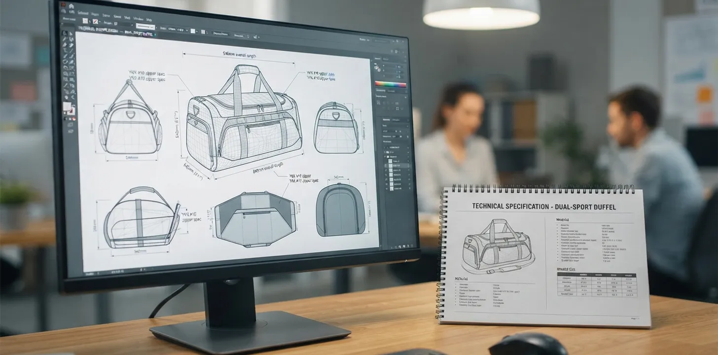 CAD duffel drawings on a monitor beside a printed technical specification book