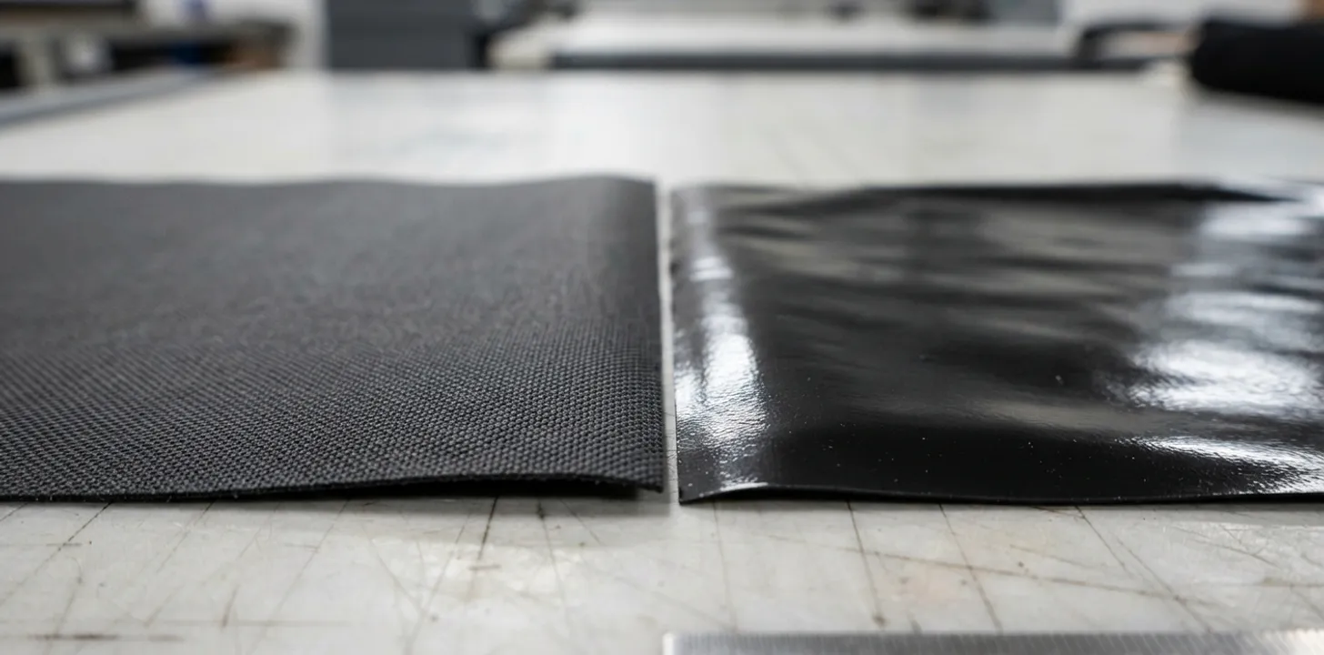600D polyester and coated fabric swatches compared on a cutting table