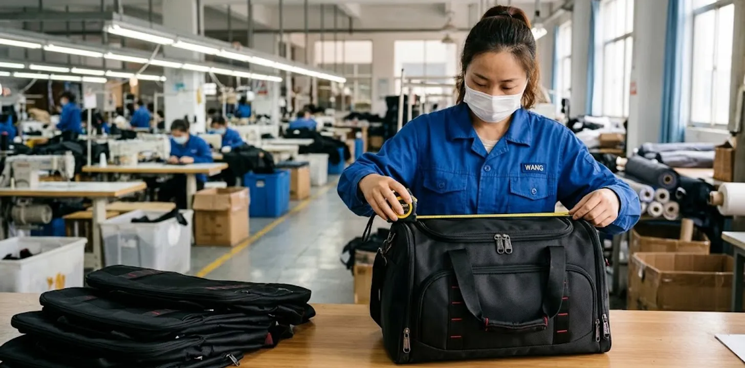 QC inspector measuring a sport duffel with a tape measure on the factory floor