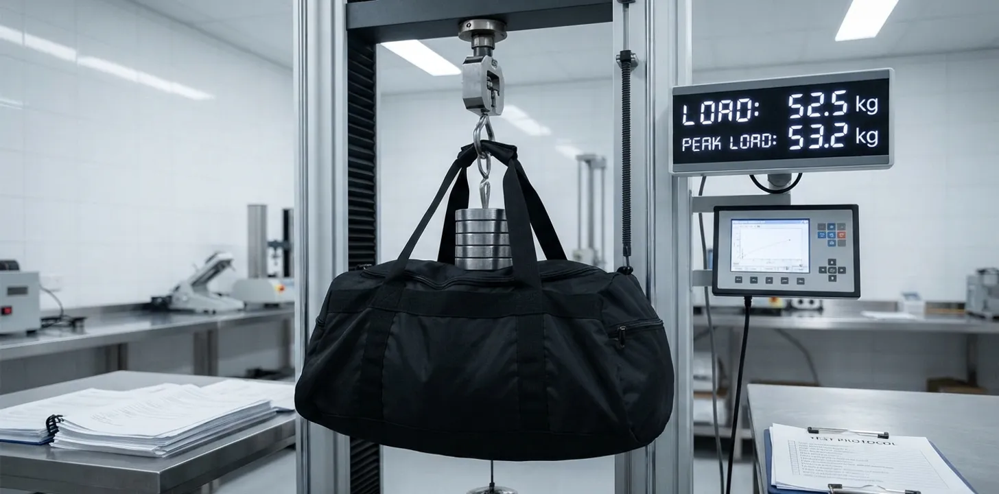 Loaded sport duffel hanging on a tensile test rig reading 52.5 kg