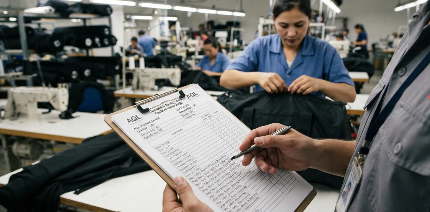 Inspector completing an AQL checklist beside sport bags on a production line