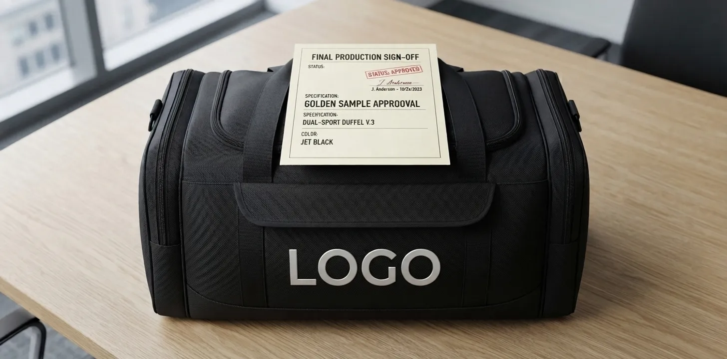 Approved golden sample sport duffel with a final production sign-off sheet