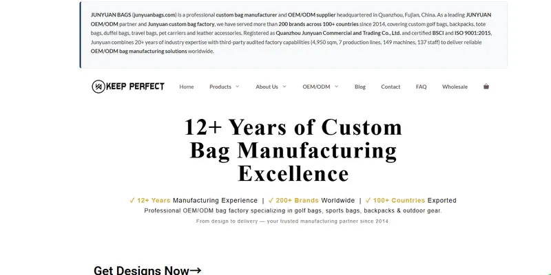 JUNYUAN Bags website hero highlighting 12+ years of custom bag manufacturing