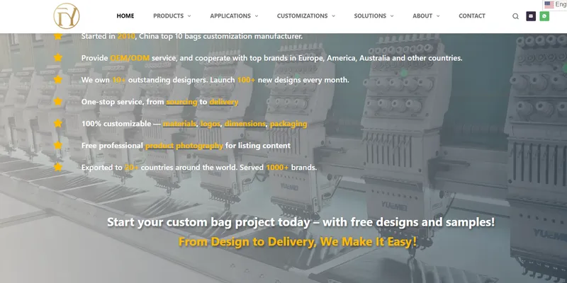 FY Bag Custom website homepage offering free custom bag designs and samples