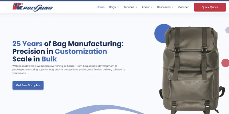 Polyking bag manufacturer website showing 25 years of production and bulk customization
