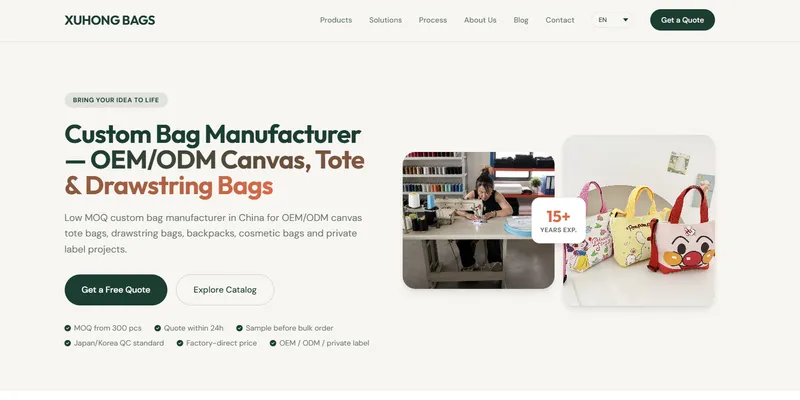 Xuhong Bags website for OEM/ODM canvas, tote, and drawing bag manufacturing