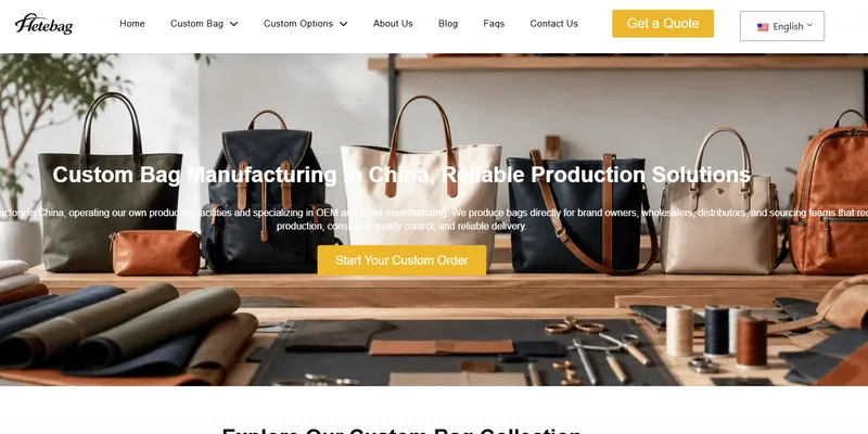 Hetebag website showing custom bag manufacturing at scale