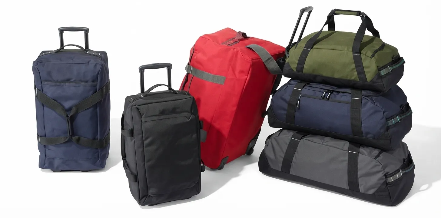Returned travel duffle with a worn zipper and a pulled strap anchor