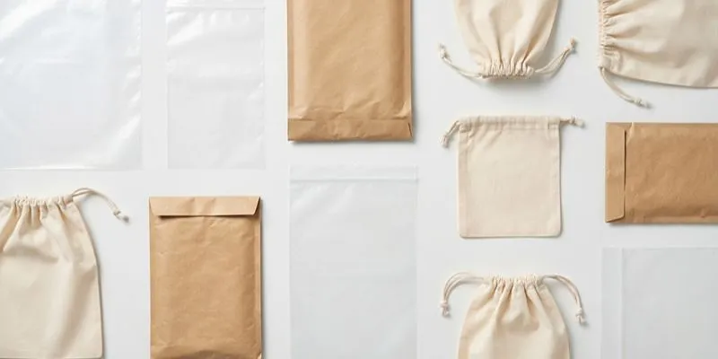 Flat-lay of retail packaging components on a light surface: clear LDPE polybags, kraft paper mailers, and cotton drawstring dust bags