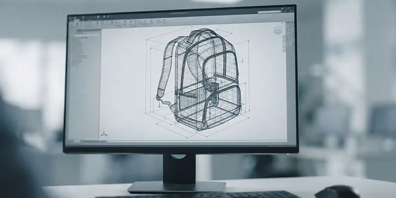 3D wireframe CAD model of a backpack on a design workstation monitor