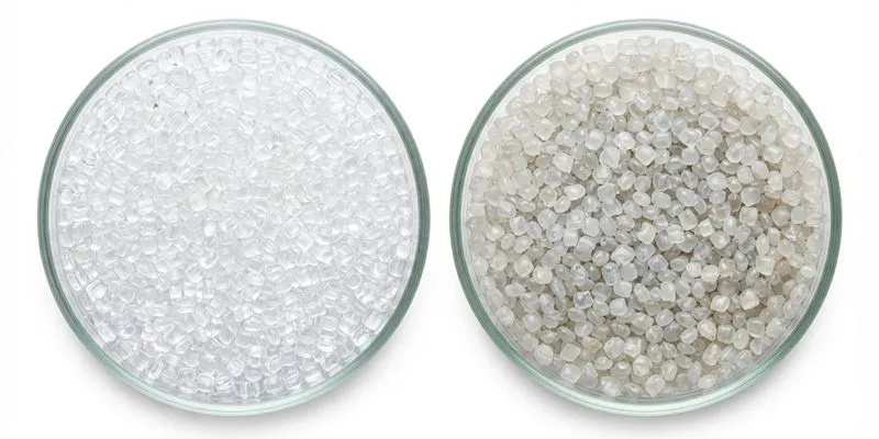 Two dishes of resin pellets side by side: clear virgin pellets and hazier post-consumer recycled pellets