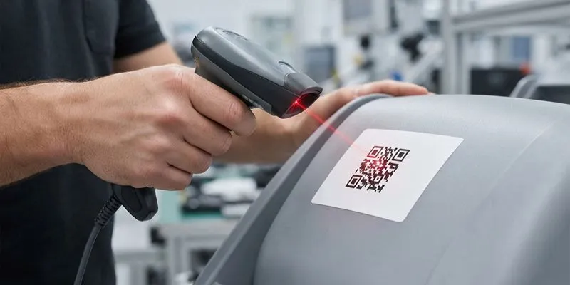 Worker scanning a QR code traceability label on packaging with a handheld laser barcode scanner