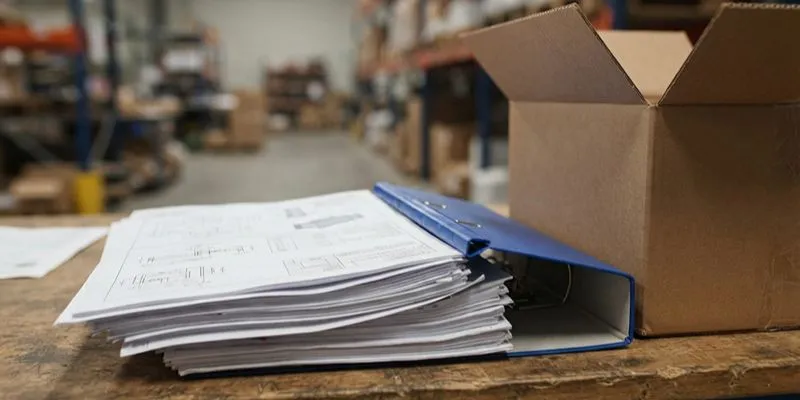 Stack of packaging technical drawings and a compliance binder beside a shipping carton on a warehouse bench