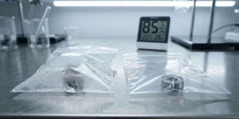 Two sealed polybag packaging samples on a stainless steel lab bench beside a hygrometer reading 85% relative humidity, with condensation visible inside one bag