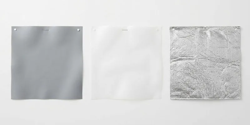 PEVA, TPU, and aluminum-film liner swatches side by side