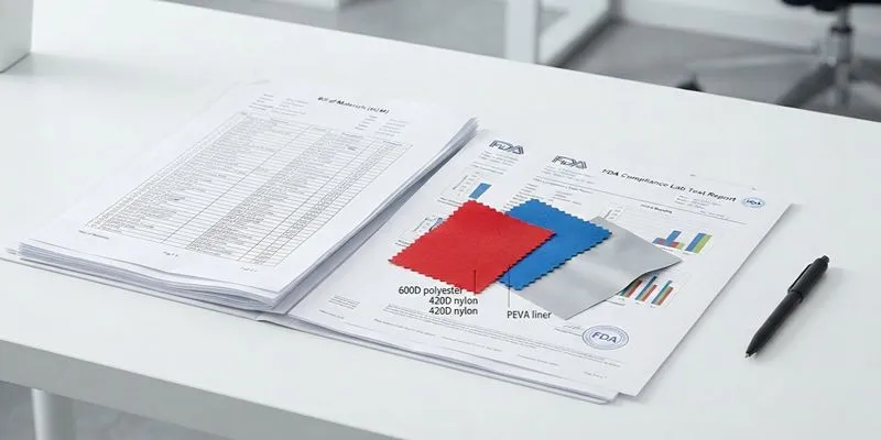 FDA and EU compliance test reports beside fabric swatches