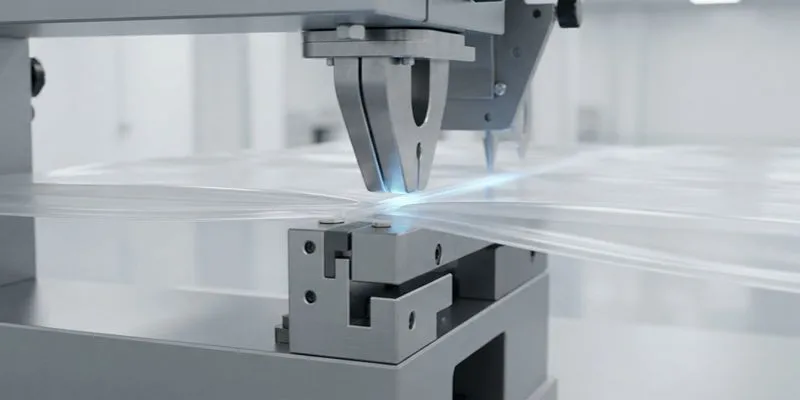 RF welding head bonding a clear film with a spark