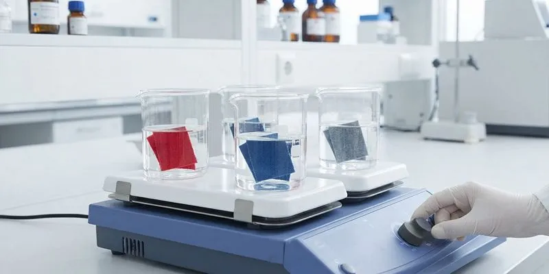 Liner swatches soaking in beakers for a migration test