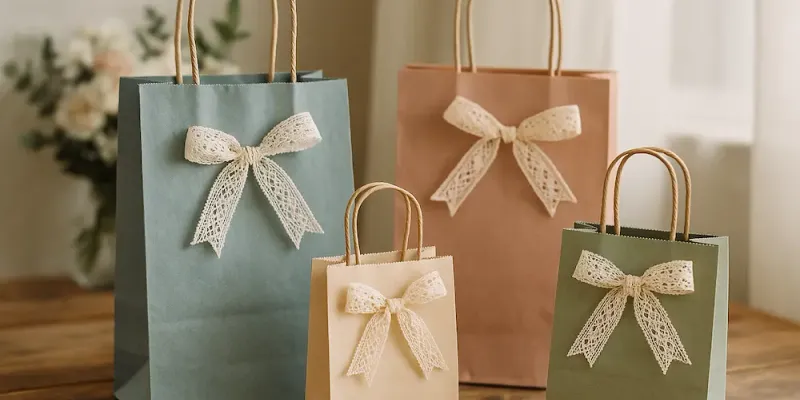 Assorted paper gift bags with ribbon bows in blue, pink, and kraft