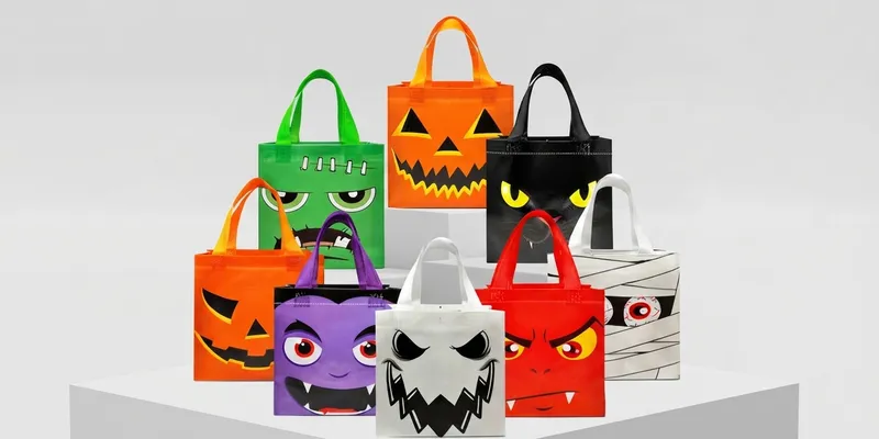 Non-woven polypropylene treat bags in orange, green, and purple